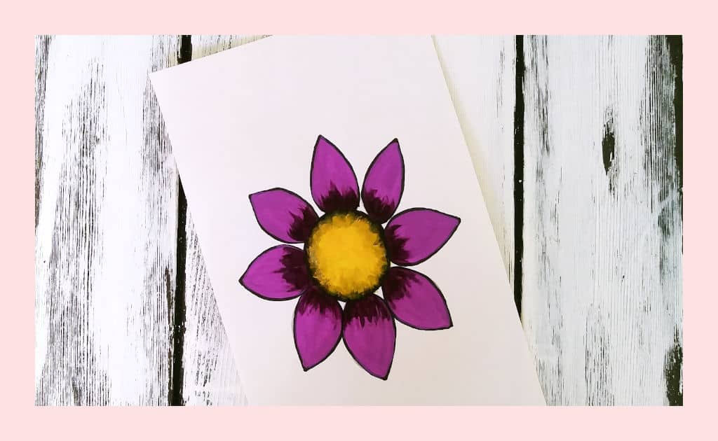 A painting of a purple and yellow daisy with a bit of shadow color painted on the petals near the yellow center and a bit more shadow color add to the outside edge of the yellow center