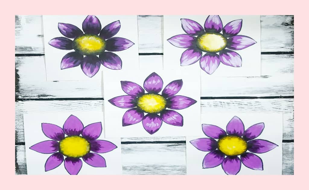 Five daisy paintings comparing the difference in highlight and shadow placement as well as amount given to each one