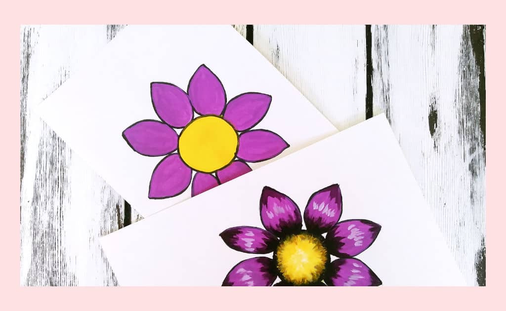 Two paintings of daisies where one has no shadows and highlights and the other does which shows how important shadows and highlights are when you want to give flower paintings depth.