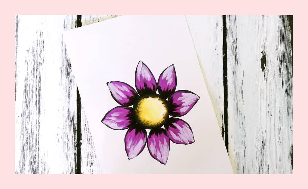 An example of our purple daisy painting when you add a lot of highlights to the petals and the yellow center