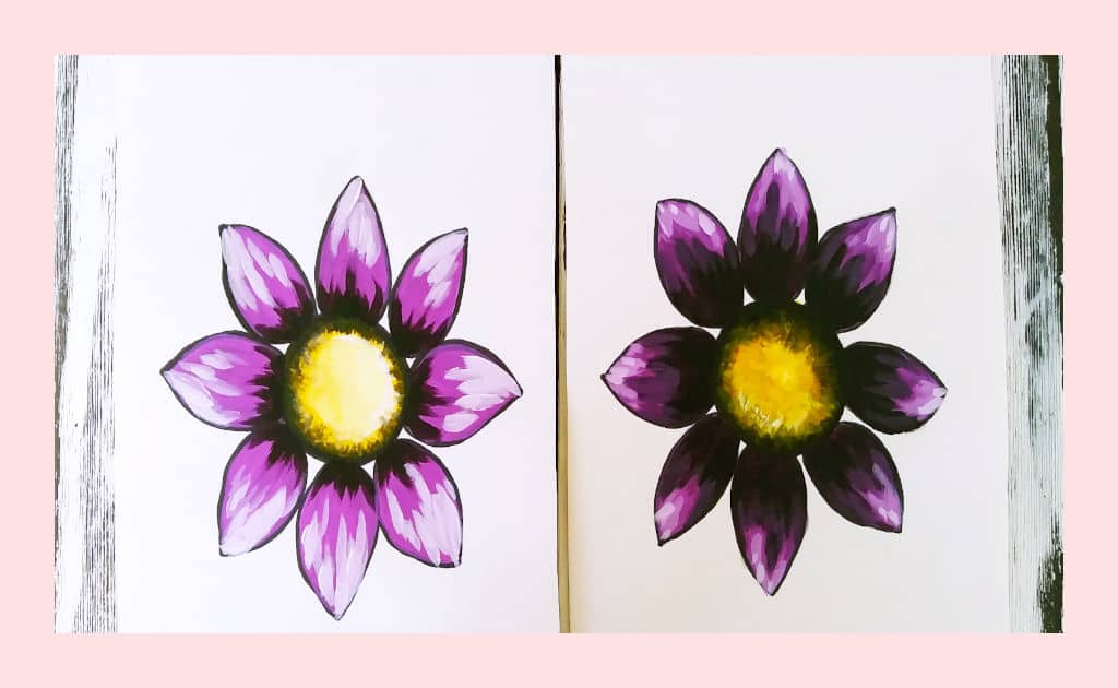 A side-by-side comparison of the different illusions created when you add either lots of highlights or shadows to give the same purple daisy two totally different looks.