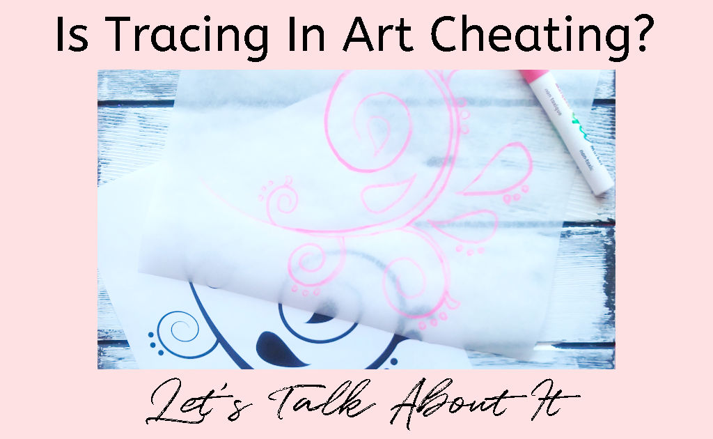 A black paisley traceable with a sheet of tracing paper over top with the pattern copied on it in pink marker. Text overlay reads "Is Tracing In Art Cheating? Let's Talk About It"