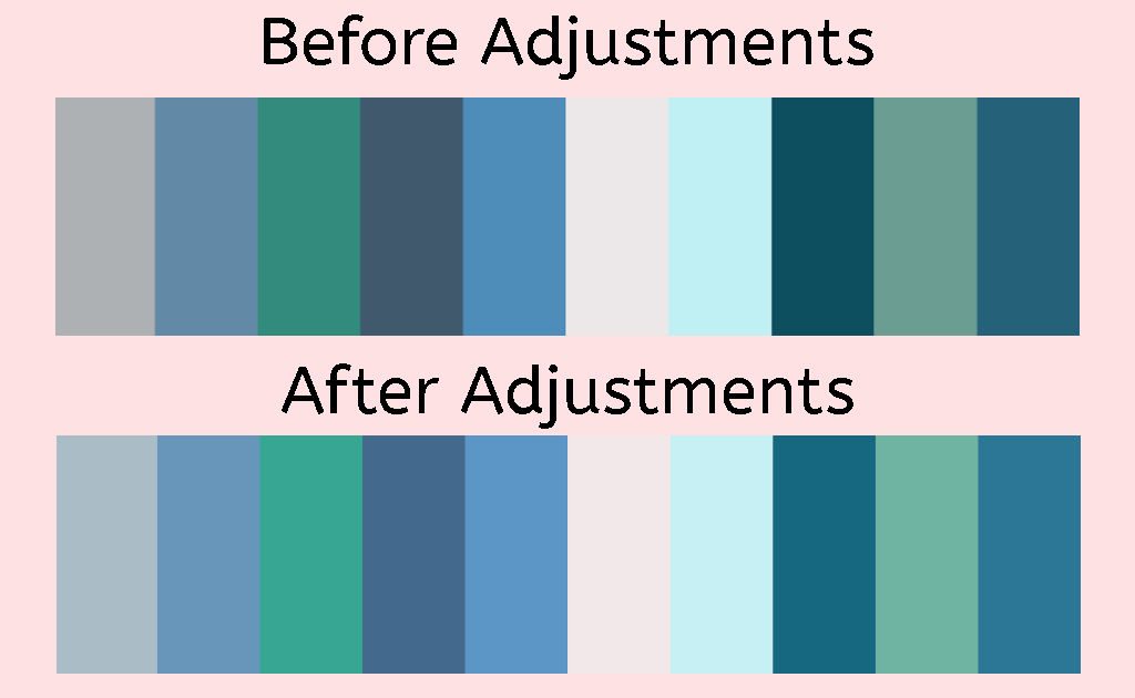 Two copies of the same color palette to show pre and post adjustments using an online color palette generator