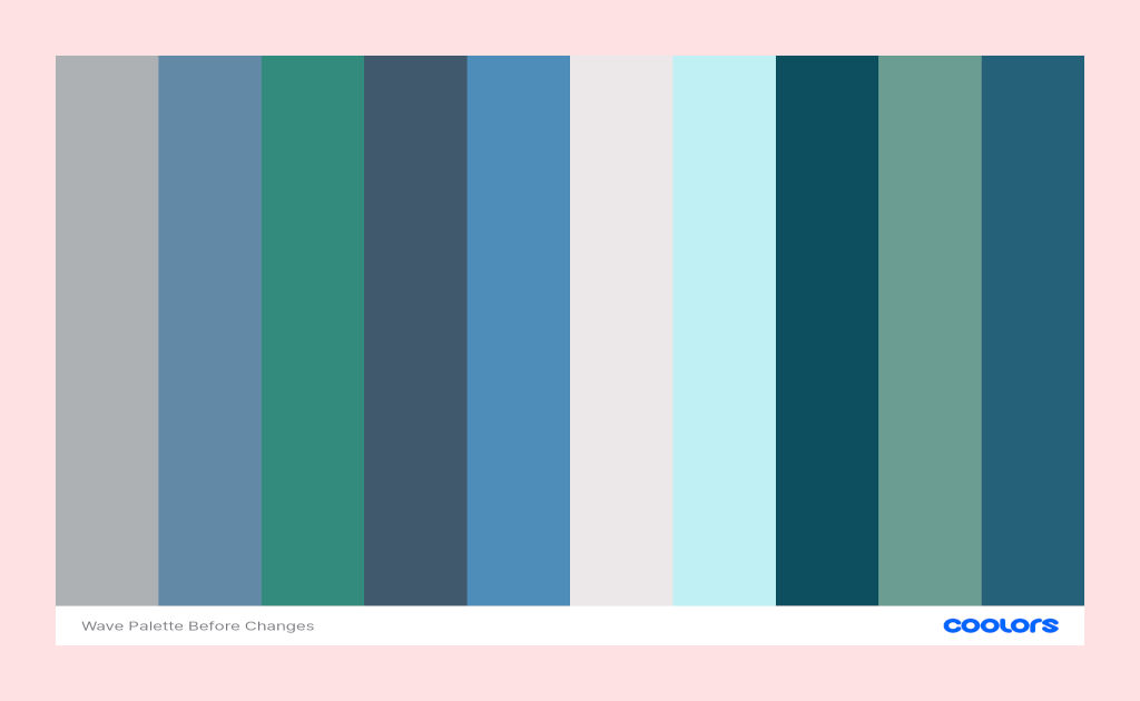 A color palette, of assorted blues, greens, turquoise, and greys, made using an online tool, which makes it easer to choose paint colors when planning your artwork