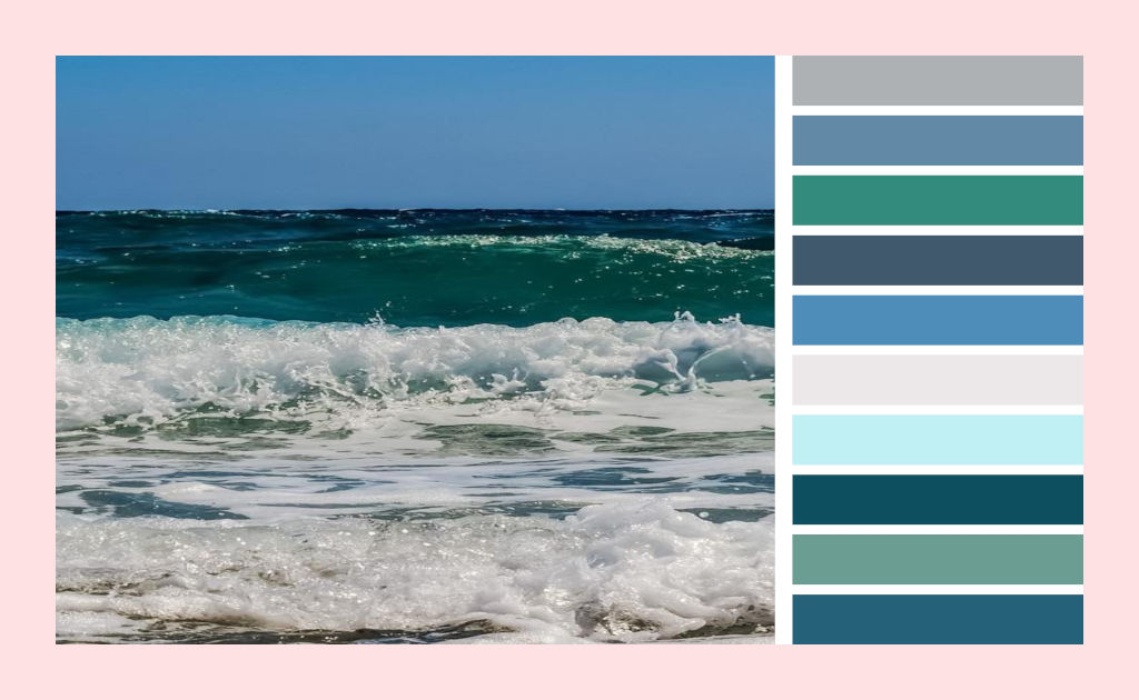 A color palette collage that includes a crashing wave image and the corresponding colors