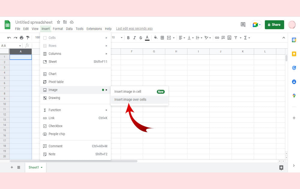 Screenshot showing how to insert an image in Google Sheets online