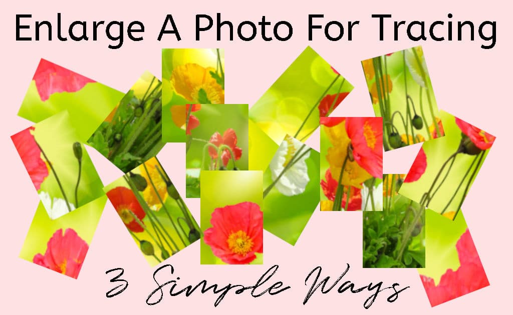 A photo of a bouquet of poppies cut up into small pieces with the title "Enlarge a Photo for Tracing: 3 Simple Ways"
