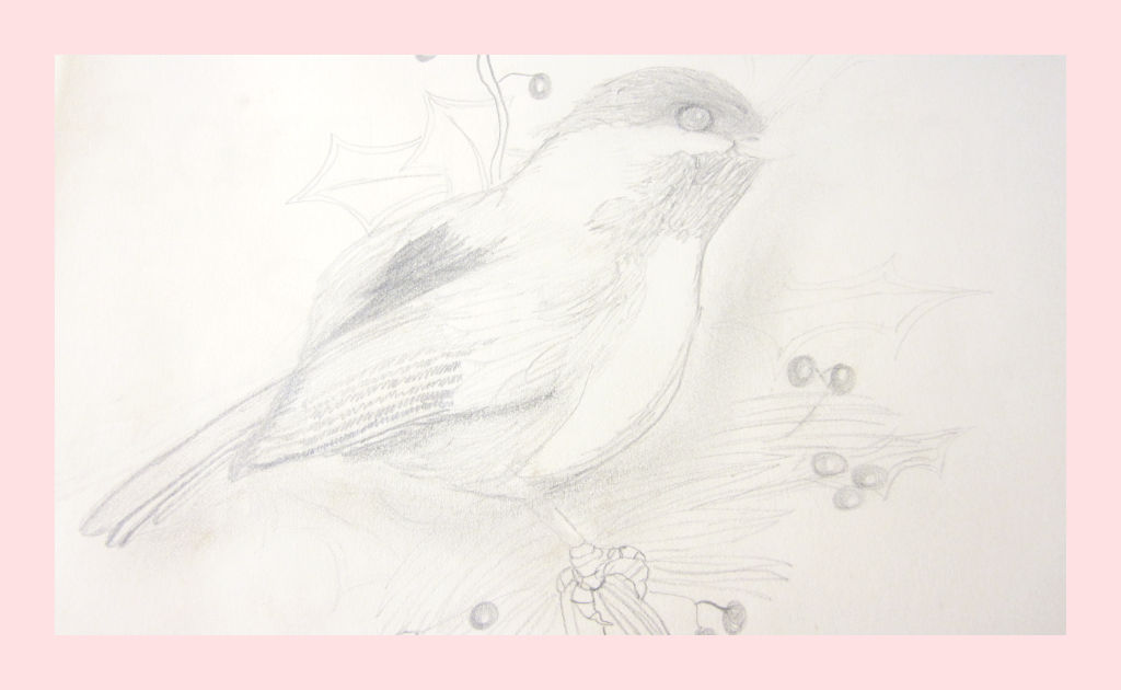 A sketch of a Chickadee sitting on a pine branch with berries