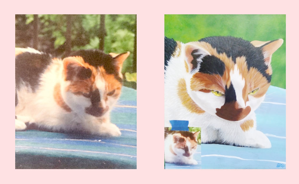 A side-by-side comparison of a photo of a cat and the finished painting based on the photo showing how tracing in art can be helpful when you have a blurry photo.