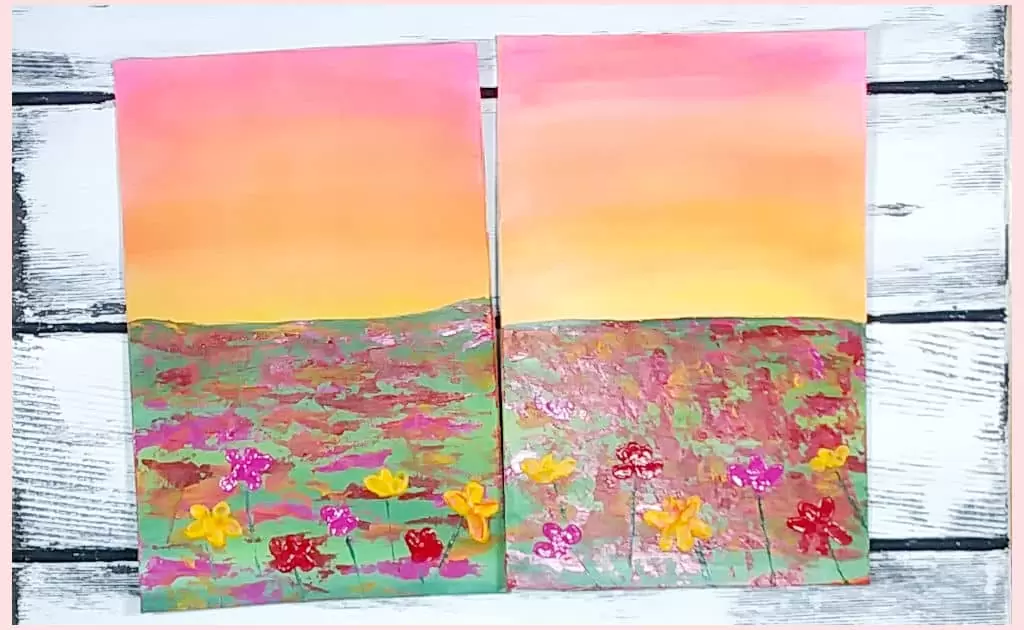 Side-by-side comparison of two pieces of paperboard, both painted with the same sunset flower field scene, but one is primed with gesso and the other is primed with white acrylic paint.