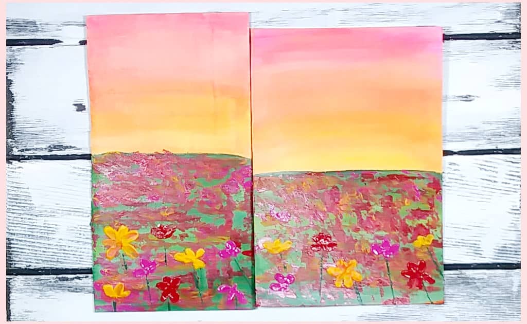 A comparison of corrugated cardboard and paperboard both primed with white paint and both painted with a sunset scene.