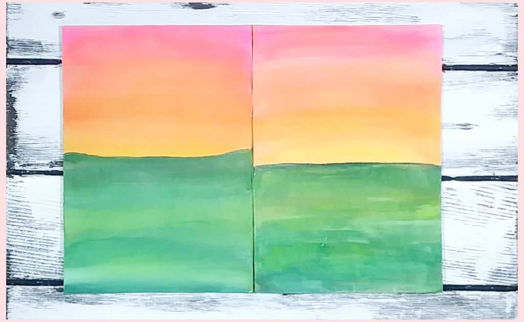 Side-by-side comparison of a sunset over a field, painted on two pieces of paperboard; one primed with gesso and one primed with white paint.