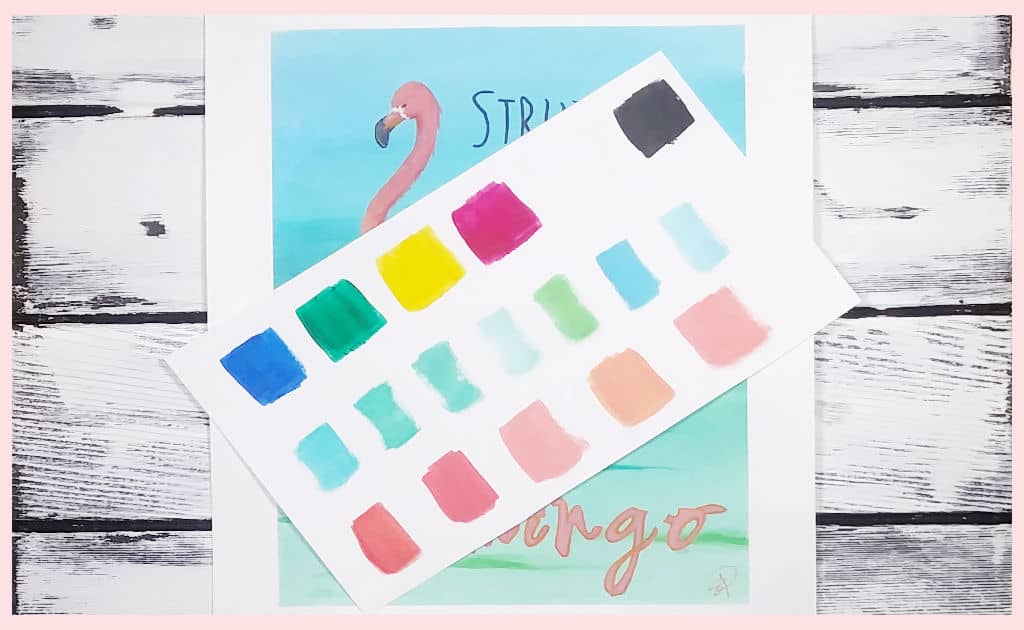 A paint color swatch of all the colors used in our flamingo painting tutorial