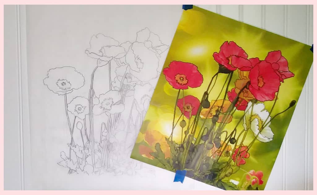 The original poppy image next to the newly made traceable to show how easy it is to replicate an image on your own