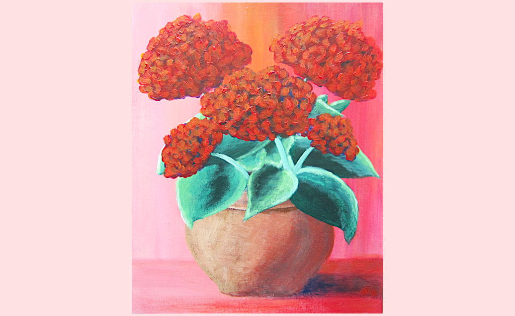 A painting of a round terracotta pot with five large red flowers and green leaves against a pink and orange background. "A Pot Full" by Sara Dorey. 