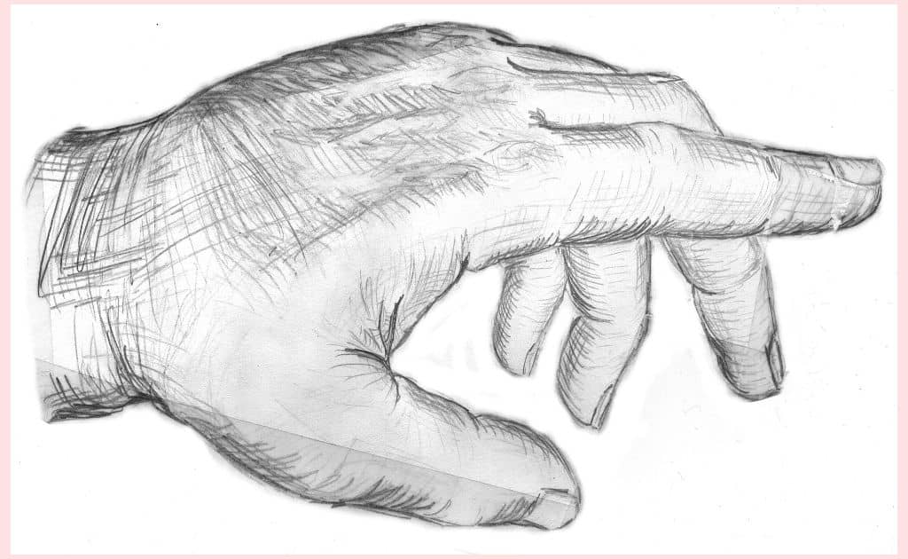 A line drawing of a hand with the index finger extended