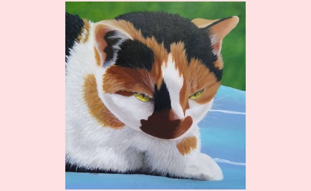 A painting of a white, black, and orange cat laying on a blue and white striped blanket with a multi-tone green blurry background