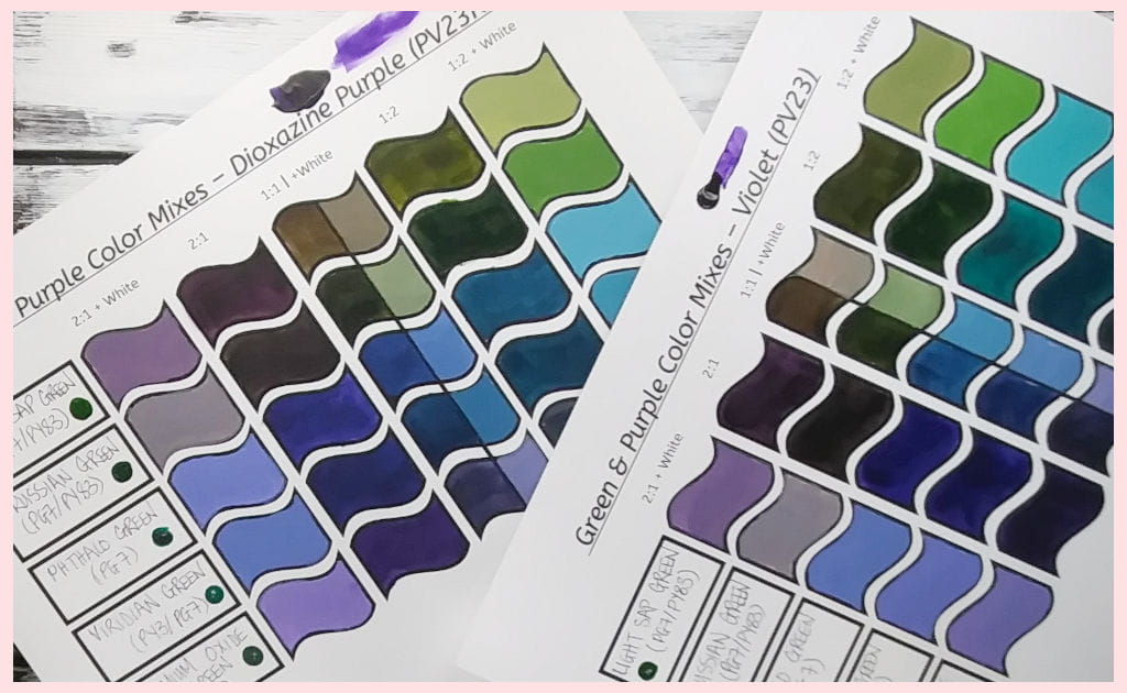 Two groups of paint swatches using different purples but the same greens.