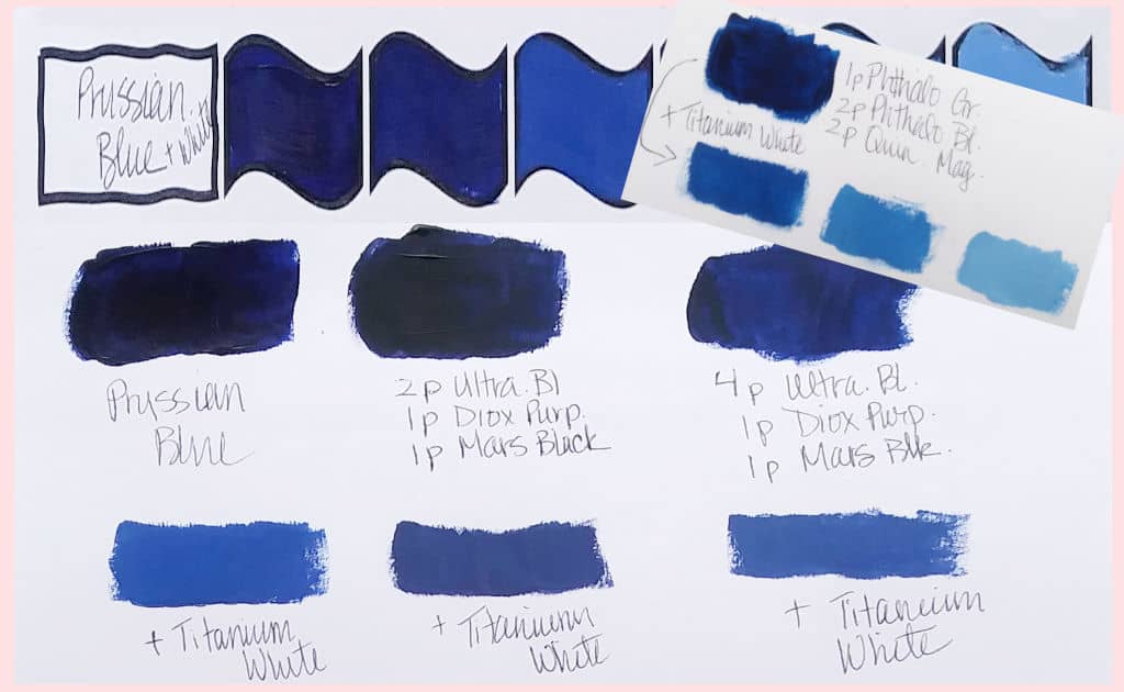 Different color mixing recipes that create a close alternative for Prussian Blue Paint.