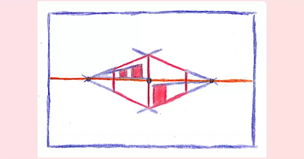 A drawing of a building using two vanishing points to create the perspective that the building is closer at the front and recedes the further back it goes.
