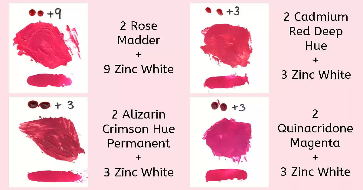 Four paint mixing recipes with images to show how to make hot pink with cool-toned reds. Recipes include: 2 parts Rose Madder to 9 parts Zinc White, 2 Alizarin Crimson to 3 Zinc White, 2 Cad Red Deep to 3 Zinc White, and 2 Quinacridone Magenta to 3 Zinc White.