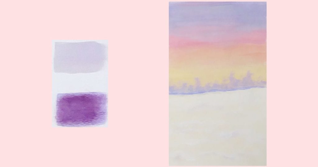 A color study showing the different purple used in the sky, the tree line, and the snow.