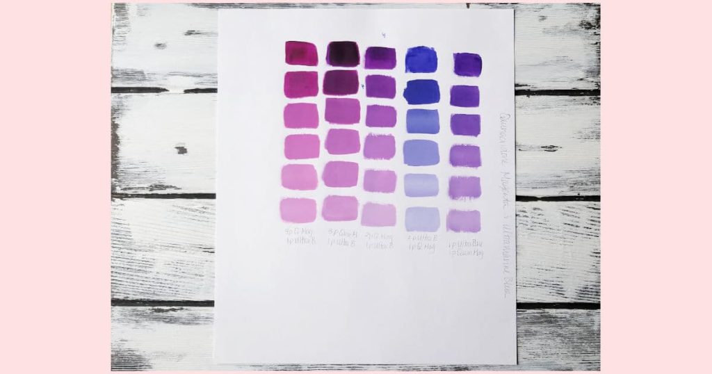 Color swatches of Quinacridone Magenta mixed with Ultramarine Blue at different ratios and the resulting purple colors created.