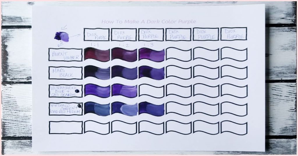 Color swatches using different dark paint combinations to create a dark purple.