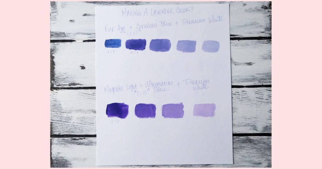 Results of experimenting with how to make a purple lavender color using Rose Azo, Cerulean Blue, Magenta Light, Ultramarine Blue, and Titanium White.