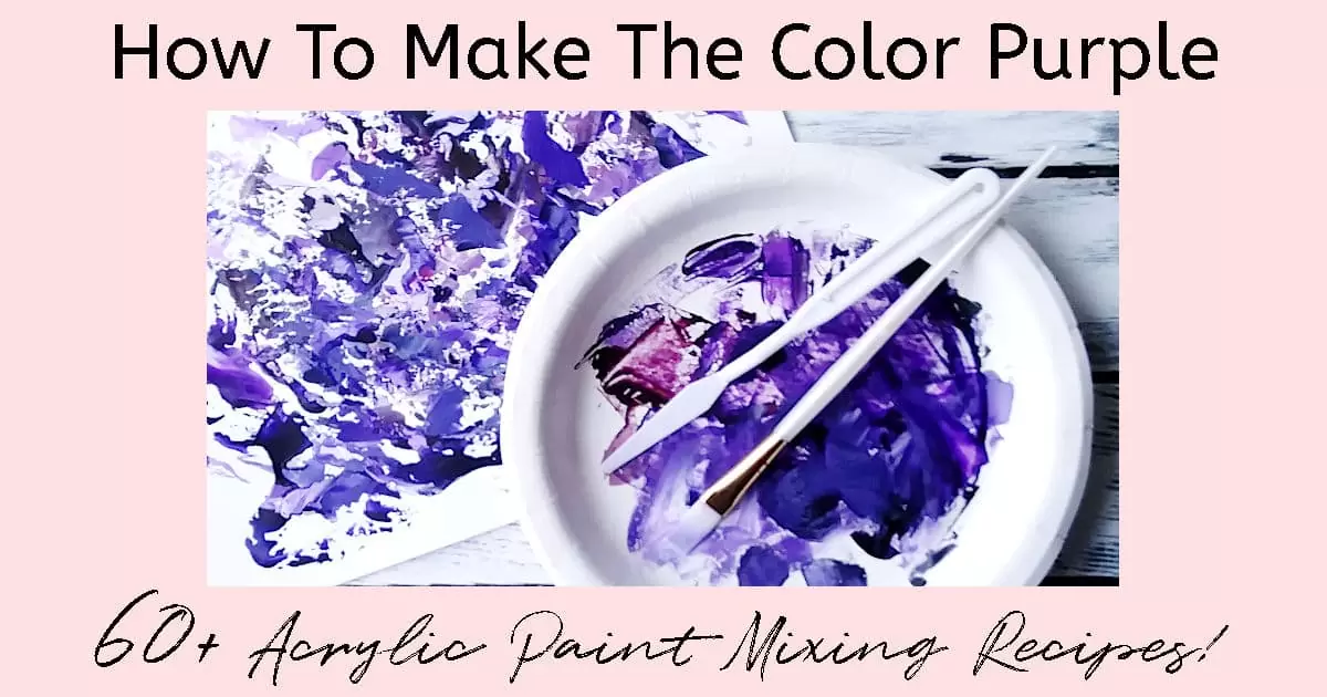 A purple palette knife abstract painting with a white palette covered in purple paint, a paintbrush, and a palette knife sitting on top of it. Text reads "How to Make the Color Purple: 60+ Acrylic Paint Mixing Recipes