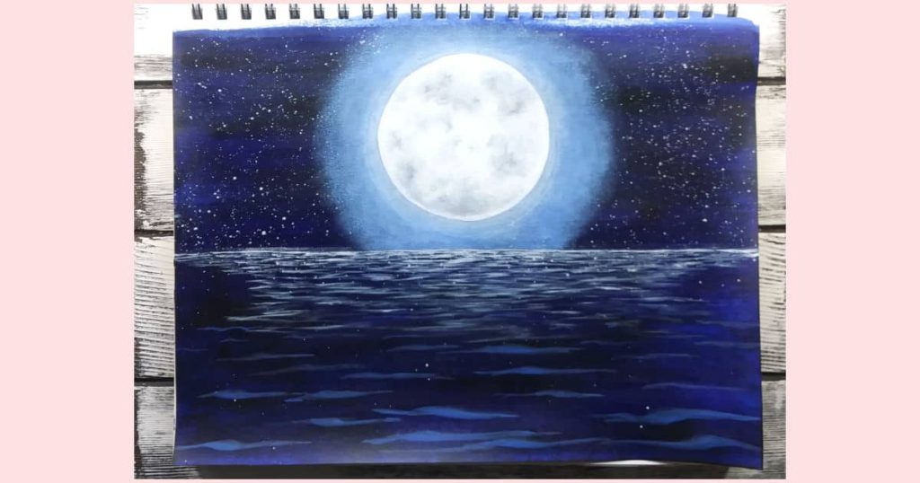 How to paint the moon tutorial with white reflections added to the distant waves in the water and the mid-tone blue waves added to the foreground.