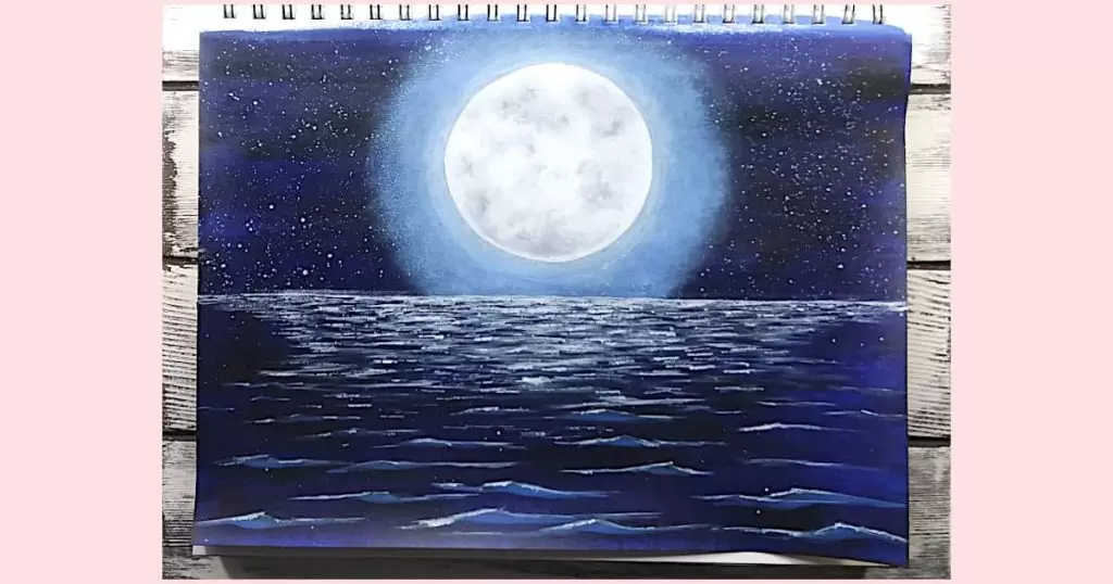 White speckles and highlights added to the water to indicate where the moon glow is hitting the waves.