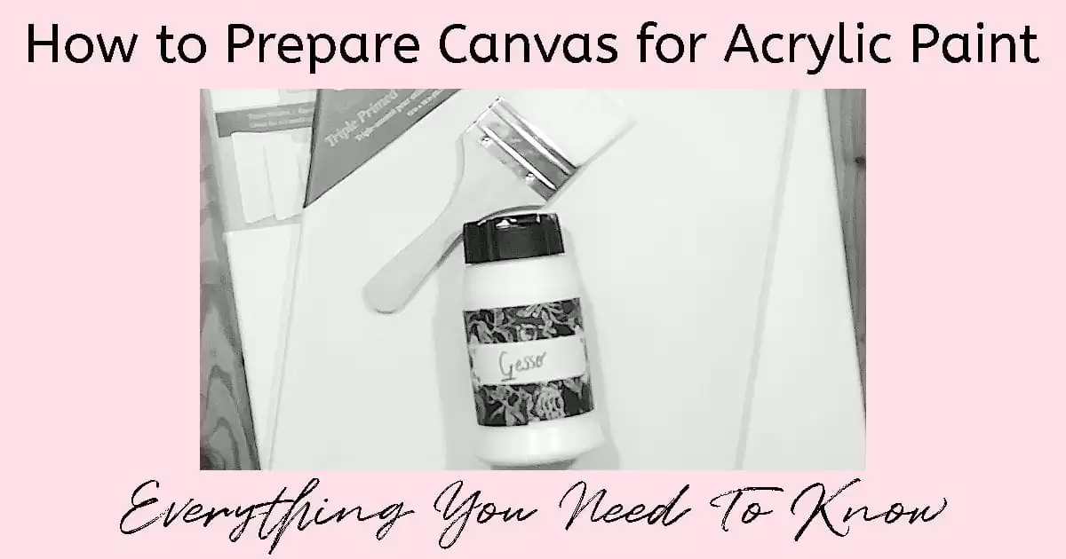 A bottle of white gesso and a large flat brush laying on top of two plastic-wrapped canvases. Text reads "How to Prepare Canvas for Acrylic Paint: Everything You Need to Know"