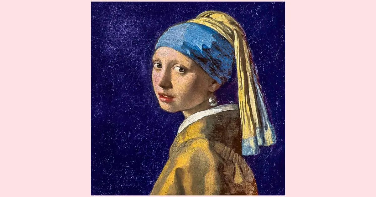 A reproduction of the painting "Girl With A Pearl Earring" by Vermeer. All proportions of her head, body, and facial features were created using realistic proportions.