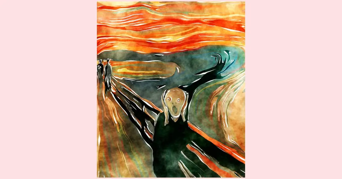 A reproduction of the "The Scream" by Munch. In this painting, the subject is holding his hands up to his elongated face, with his face showing the exaggerated emotion of anxiety.