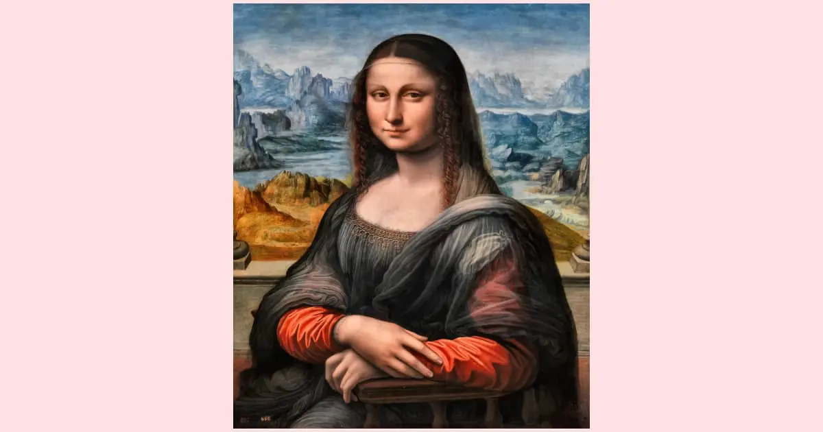 A reproduction of the "Mona Lisa" by da Vinci. In this realistically proportioned portrait, a woman with long dark hair sits with her arms casually crossed and an expression of both confidence and peace on her face.