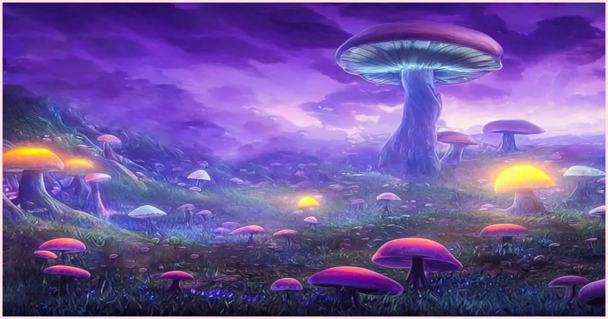 A fantasy landscape showing a huge out of proportion mushroom surrounded by smaller mushrooms.