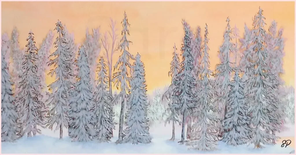 A painting of snow covered pine trees against a pink, yellow, and orange sky.