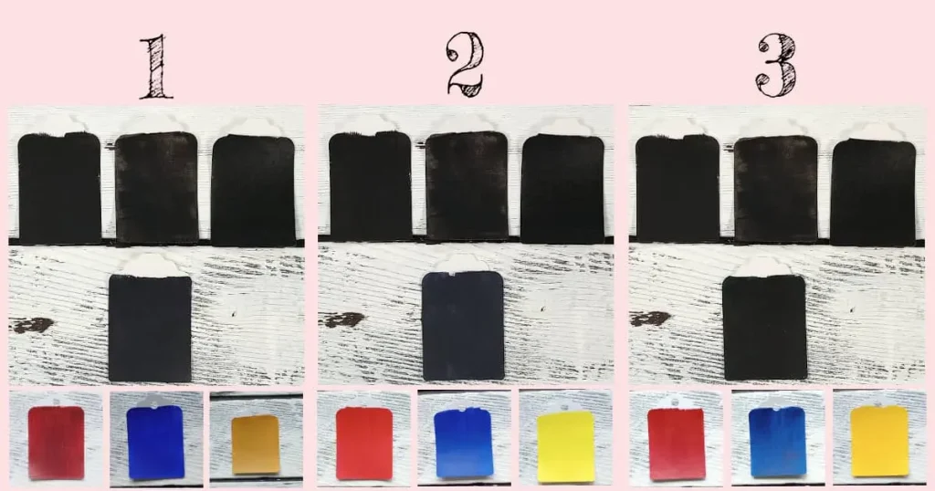 Three recipes for black paint using assorted primary colors, blues, reds, and yellows. Also includes Mars Black, Ivory Black, and Carbon Black paint chips as well as paint chips for all colors used to create the black paint mixtures.