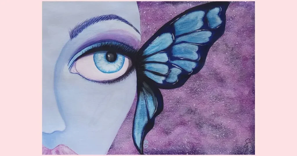 A painting of a woman's blue eye with a blue butterfly emerging from the outer corner. Painted by Sara Dorey