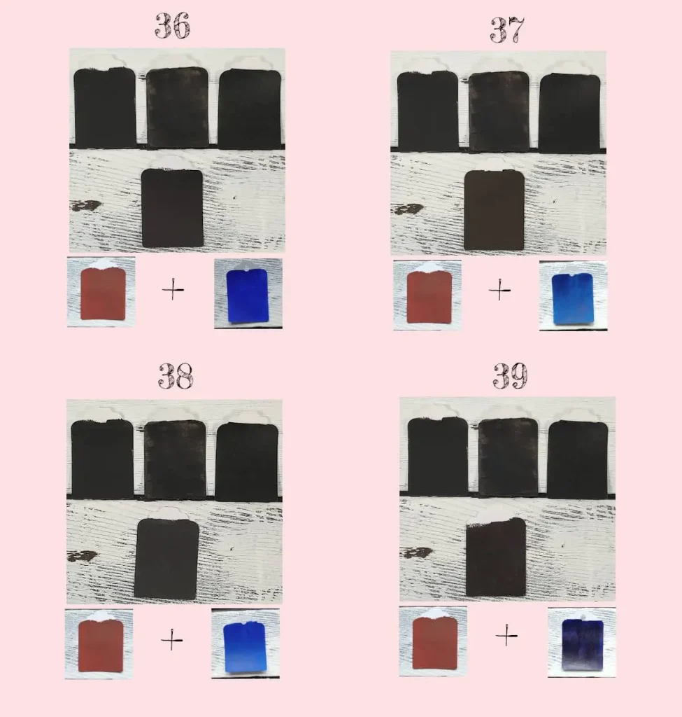 Four different recipes for making black acrylic paint using Burnt Sienna and various blues.