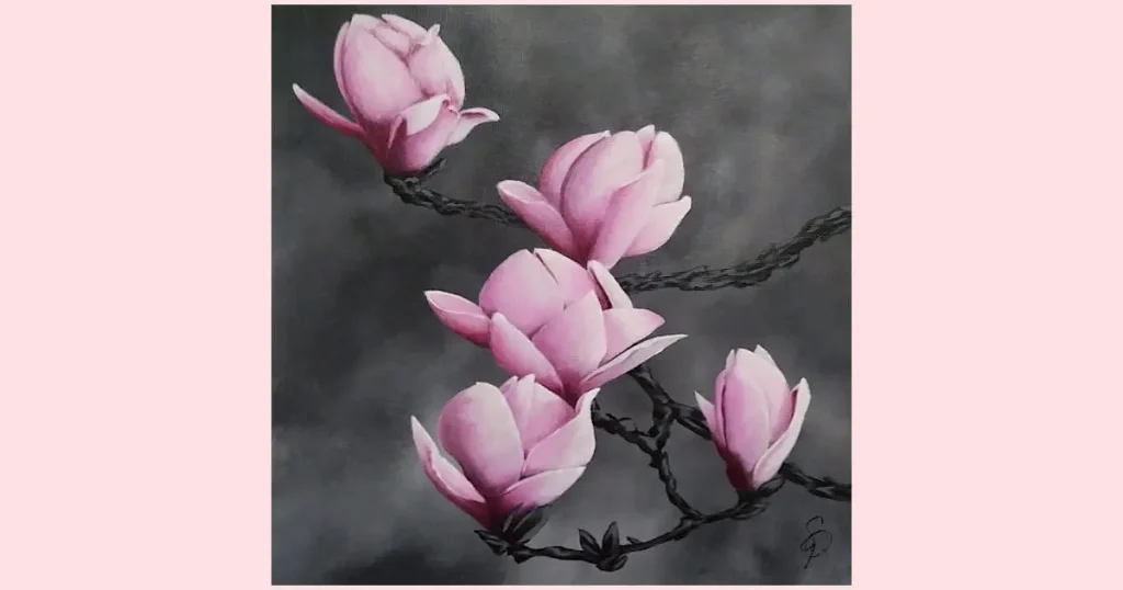 An original painting of a magnolia branch with five pink magnolia flowers in different stages of opening. Painting by Sara Dorey