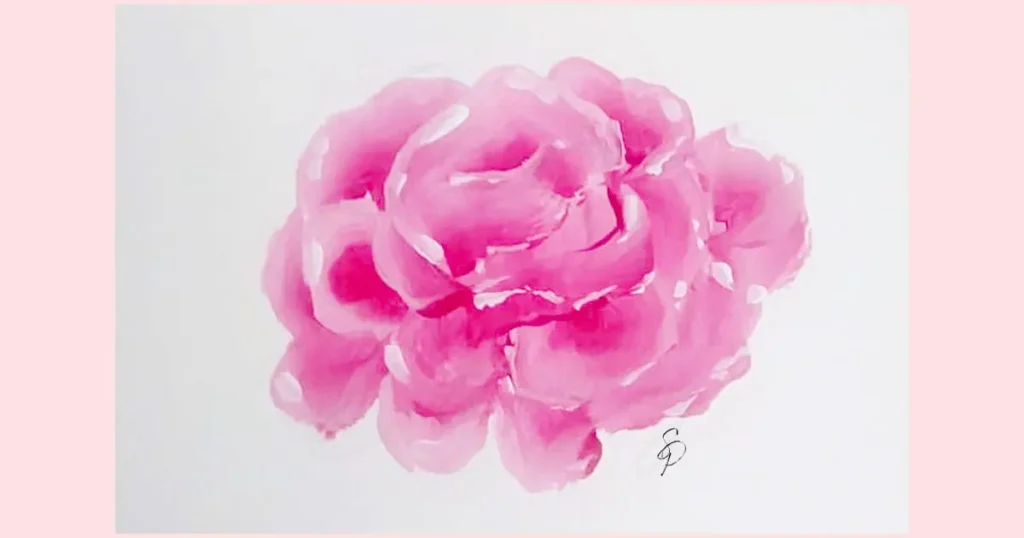 The results of practicing painting peonies. Although the pink peony ended up looking more like a rose, practicing different objects can inspire you to come up with your own easy painting ideas.