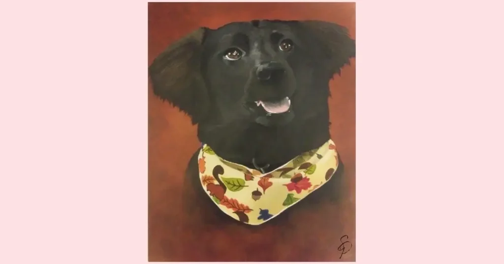 An original painting of a black dog wearing a yellow bandana around its neck. Original painting by Sara Dorey