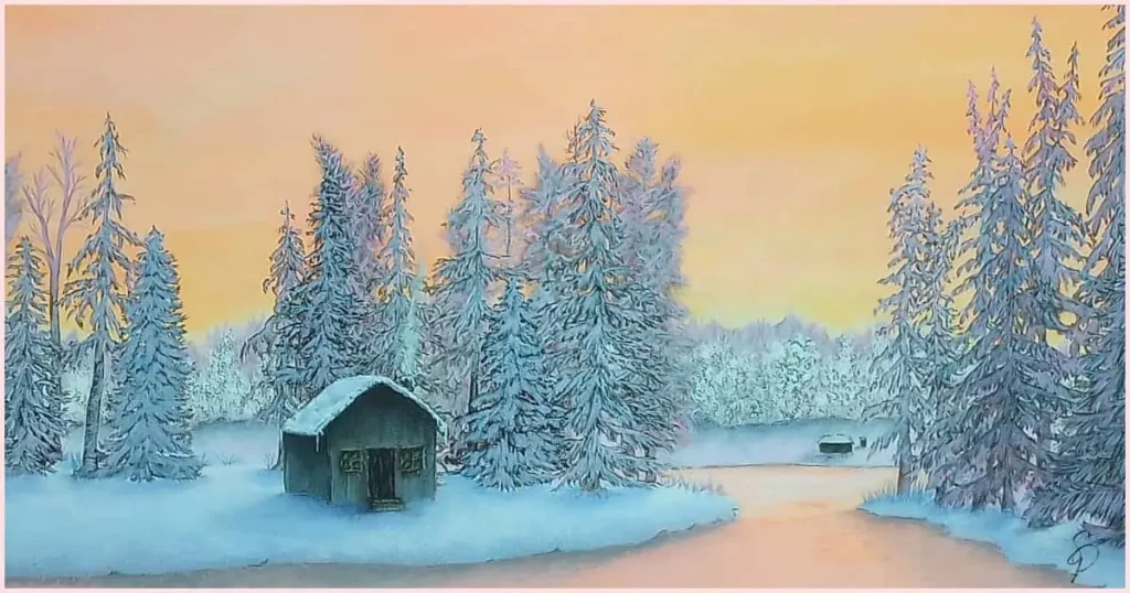 An original painting of a cabin nestled between the snow-covered trees on the edge of a frozen lake at first dawn. Original painting by Sara Dorey.