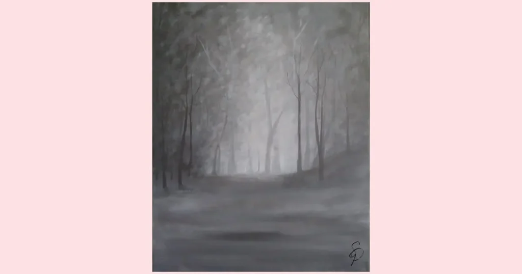 A black and white painting of a dark forest clearing. Original artwork by Sara Dorey.
