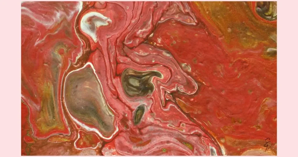 An abstract painting of swirled reds, golds, bronzes, chocolate browns, and creamy white. Original artwork by Sara Dorey