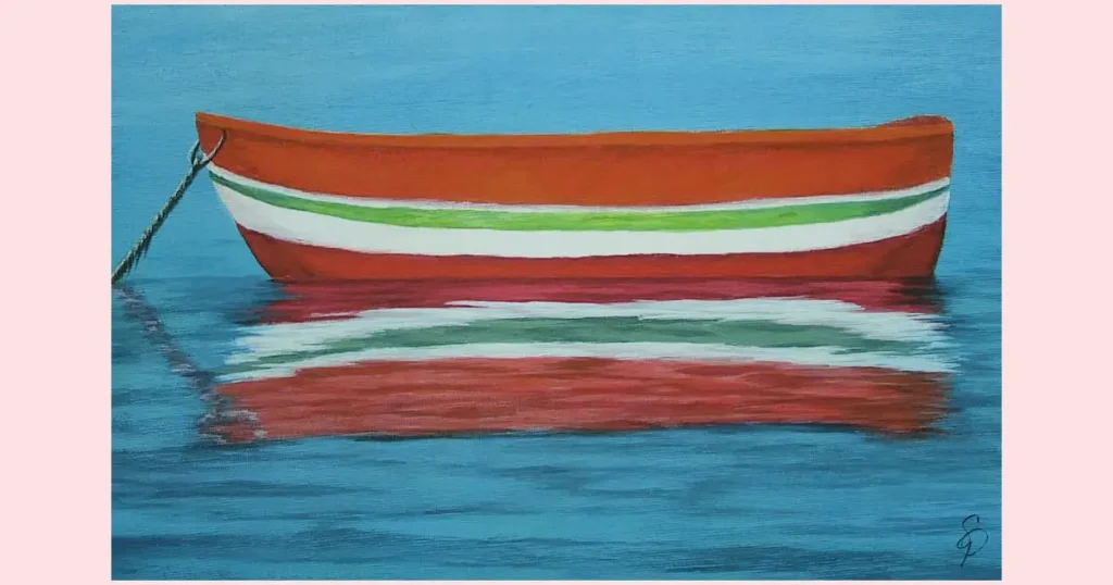 Once you try some of the seascape easy painting ideas, you'll know how to add reflections to the water to make it look more realistic like this original painting by Sara Dorey featuring a red, white, green, and orange striped dory boat floating in turquoise blue water.