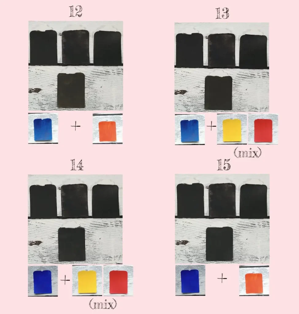 Black paint chips made from blue and orange, including a red and yellow mix.