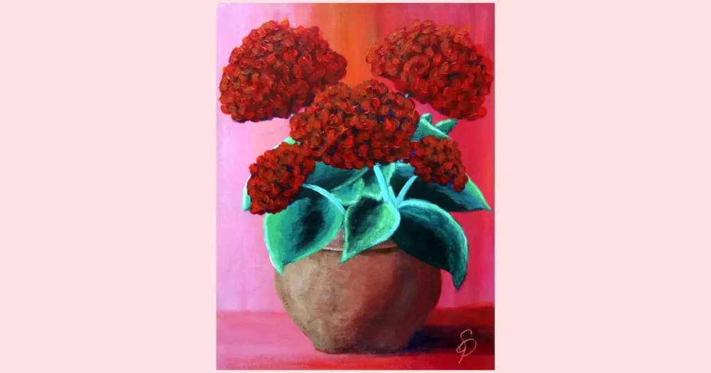 Red hydrangea-like flowers in a terra cotta pot with bold green leaves and a pink, red, and orange background. Original Art by Sara Dorey